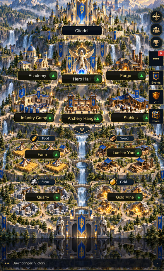 The city view: Citadel, Hero Hall, Academy, Forge, training grounds and resource districts