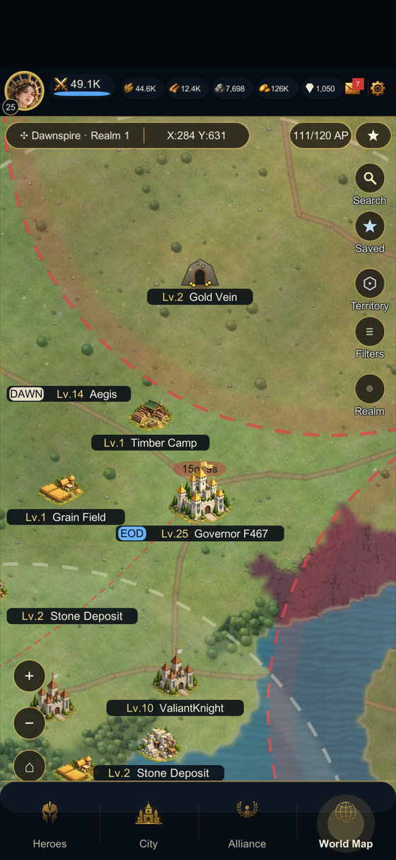 The world map of Dawnspire with a march outbound